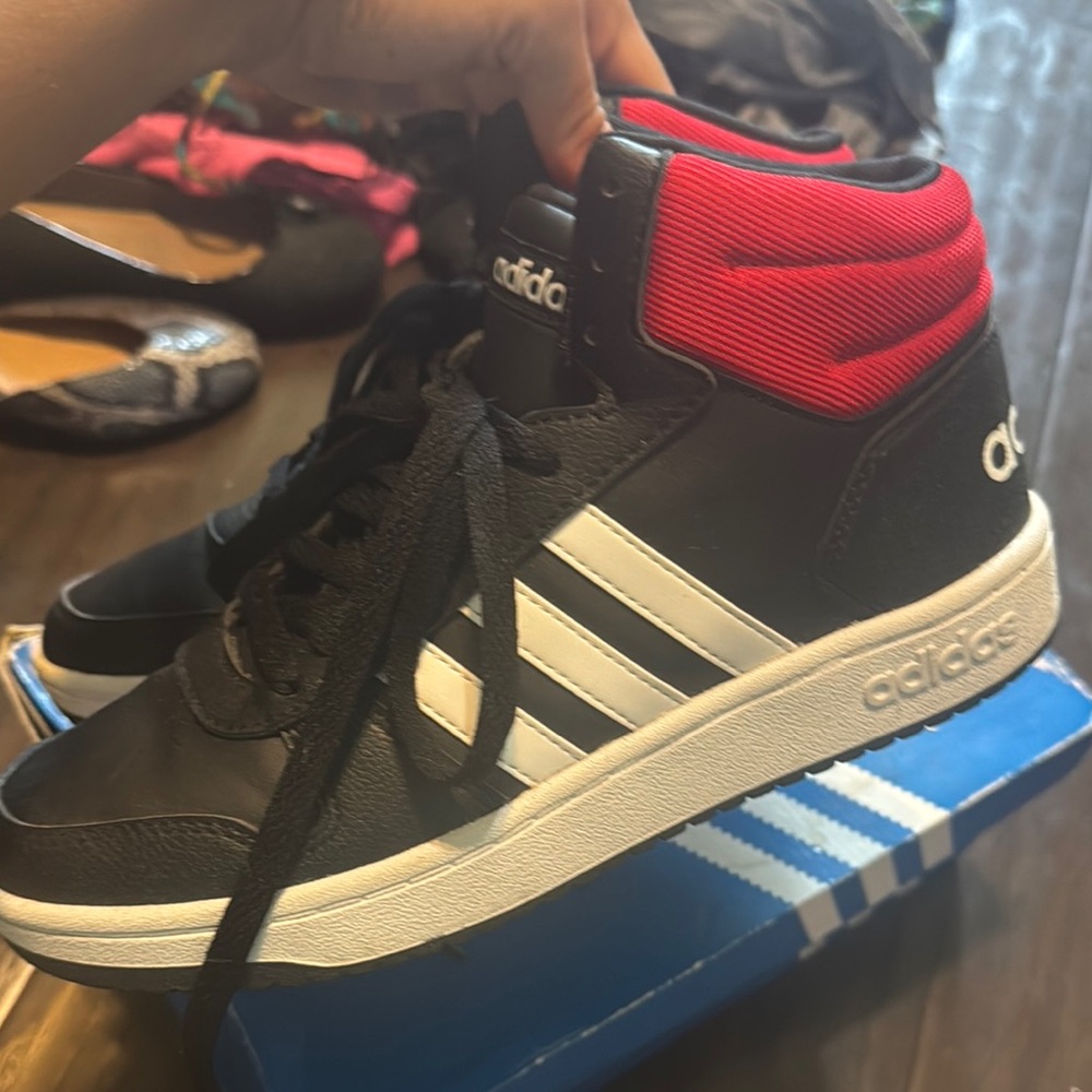 Adidas Black and Red High-Tops with White Stripes